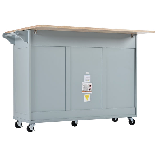 English Elm K&K Kitchen Island with Foldable Countertop, Spacious Mobile Storage Cart, Soft-Close Doors, Durable Rubberwood Top and Locking Wheels Grey-Blue N707P173036G