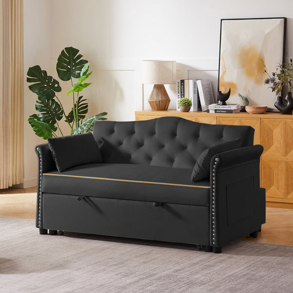English Elm Black Velvet Sleeper Sofa Bed Convertible Velvet Futon with Foam Seat, Solid Wood Frame, Compact Design W588P246470