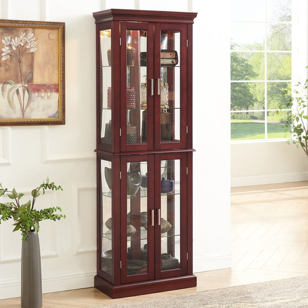 English Elm Curio Display Cabinet with Internal Lighting, Mirrored Back, 6 Adjustable Shelves, Glass Doors Cherry W1693P154579