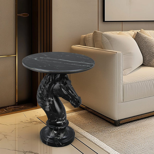 English Elm Horse Head Sculpted Resin End Table with Faux Marble Top for Bold Living Rooms Black W5398P454679