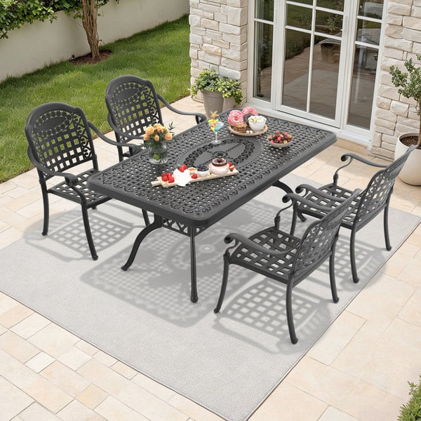 English Elm 5-piece Cast Aluminum Outdoor Dining Set with Ornate Relief Patterned Stackable Chairs W1710S00588