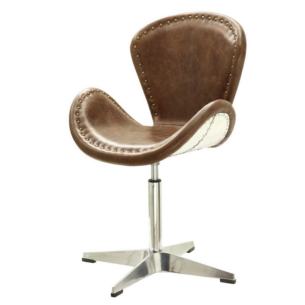 English Elm Retro Retro Brown Top Grain Leather Bucket Seat Accent Chair with Chrome Nailhead Trim, Cozy Lounge Appeal B062P186447
