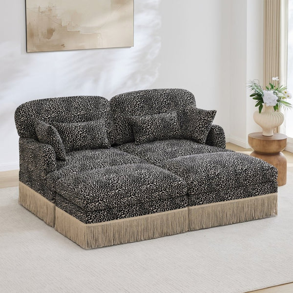 English Elm Comfy Chenille Leopard Print Loveseat with Tassel Trim and Movable Ottoman Modules Khaki W5656S00021