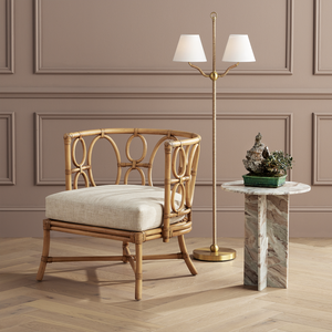 Sirocco Antique Brass Floor Lamp with Jute Rope Accents and Off-White Linen Shades for Elegant Decor