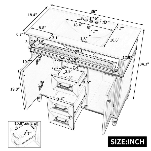 English Elm 36 Inch Bathroom Vanity with Ceramic Sink, Durable MDF & Solid Wood Frame, Soft-Close Doors, Luxe Handles, Ample Organized Storage, Modern Freestanding Design Green N725P314034F