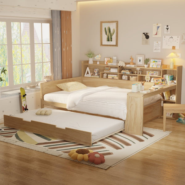 English Elm Wooden Twin Daybed with Trundle Built-in Desk and Open Shelves for Kids Rooms Natural N733S373391M