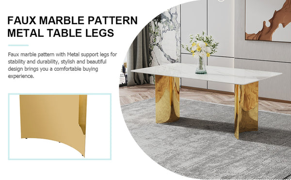 English Elm Table 9-Piece Elegant Dining Set With Glass Top, Imitation Marble, Gold Legs & Comfortable Chairs W1151S04350-GIGA