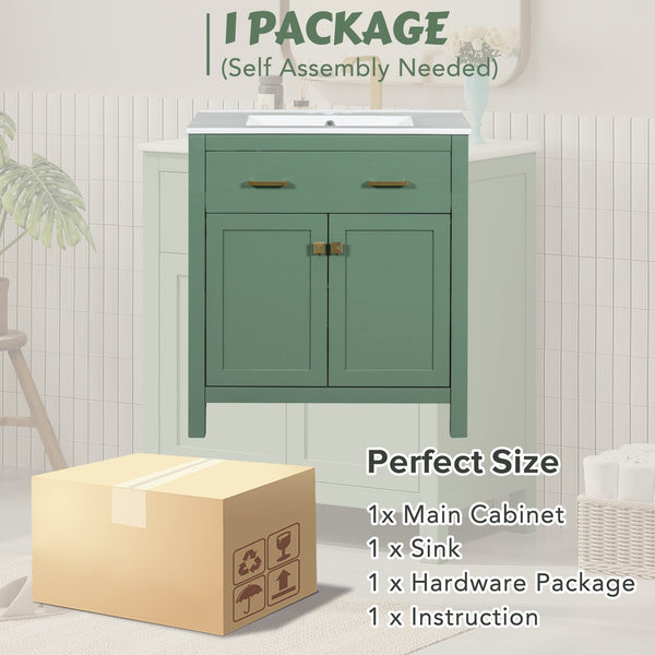 English Elm 30-inch Modern Bathroom Vanity with Ceramic Sink, Gold Accents, Solid Wood Frame, Soft-Close Doors and Ample Storage Green WF324045AAF