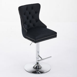 English Elm Thick Velvet Swivel Barstools Adjustable 25-33" Height with 17.7" Chrome Base, Tufted Diamond Pleat Elegance Black W1143P335042