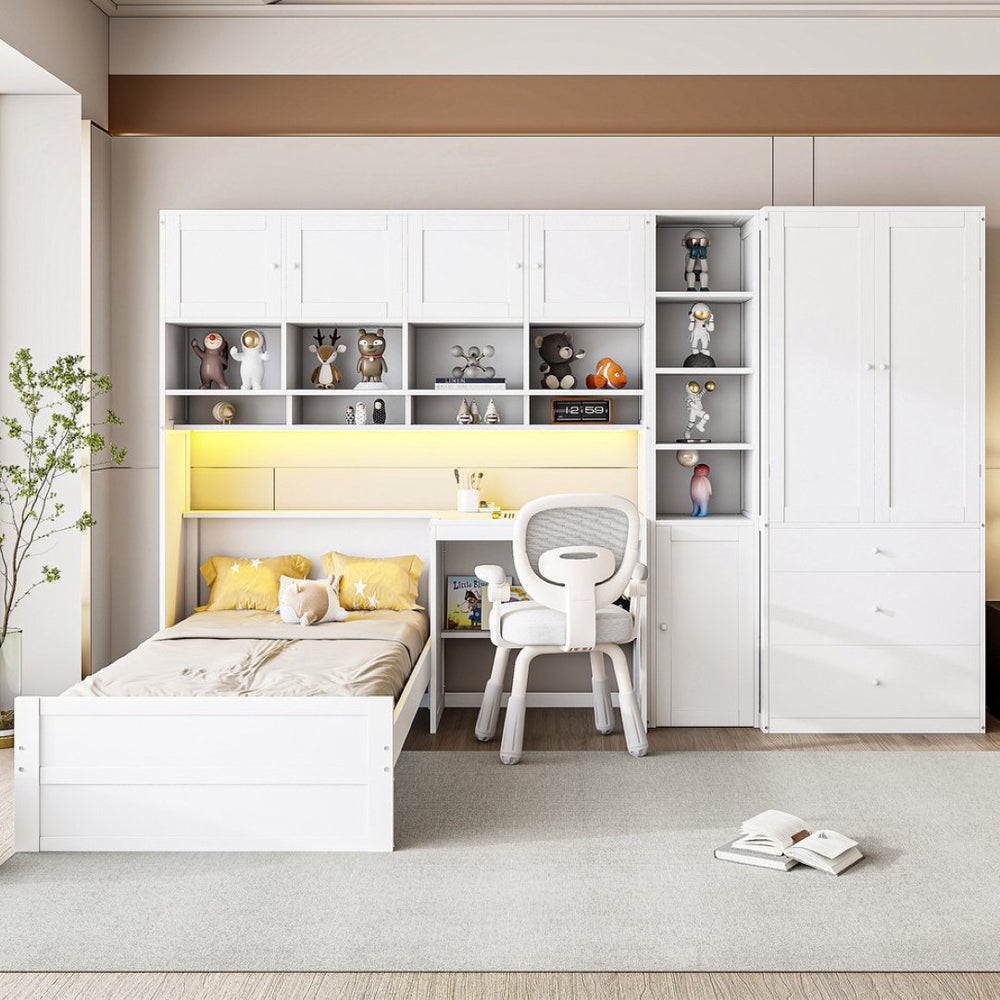 English Elm Wooden Twin Loft Bed with Built-in Desk Wardrobe Storage Drawers and Led Lighting N820S00069K