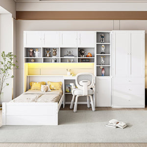 English Elm Wooden Twin Loft Bed with Built-in Desk Wardrobe Storage Drawers and Led Lighting N820S00069K
