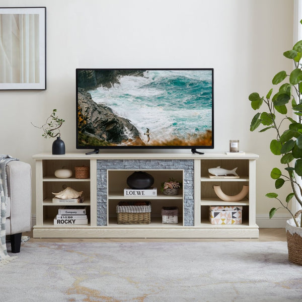English Elm Large White Media Console with Faux Stone Surround and Enclosed Cabinet Storage W2275P389710