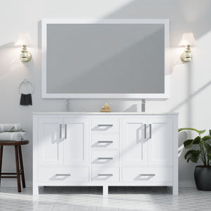 English Elm White Double Bath Vanity 60in W x 22in D with Carrara Marble Top, Chrome Faucet, Soft-Close Storage Durable B2731P259071