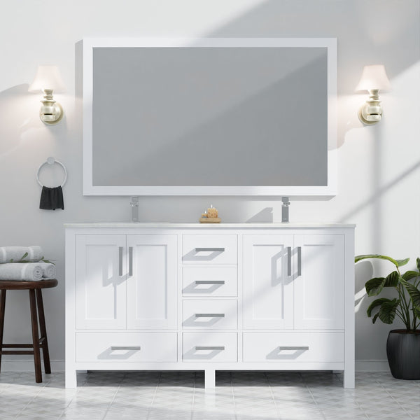 English Elm White Double Bath Vanity 60in W x 22in D with Carrara Marble Top, Chrome Faucet, Soft-Close Storage Durable B2731P259071
