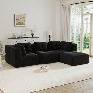 English Elm Modern Corduroy Sectional Sofa Tufted Deep Seat Couch with Movable Ottoman No Assembly Black W714S01790