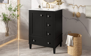 English Elm 24-inch Matte Bathroom Vanity Rubberwood Cabinet with Ceramic Sink and Soft-close Drawers Black N729P377516B