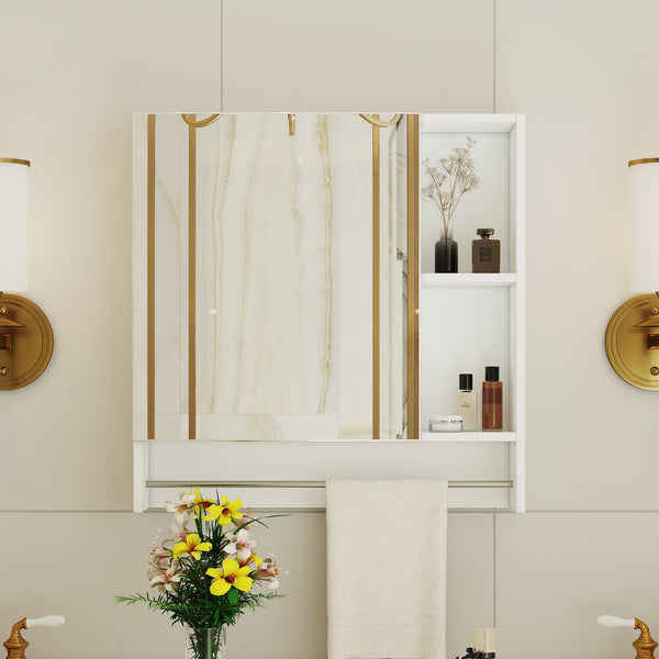 English Elm Bathroom Mirror Cabinet Wall Mounted with HD Mirror, 4 Compartments, Towel Rack, Moisture-Resistant Storage White W2984P228640