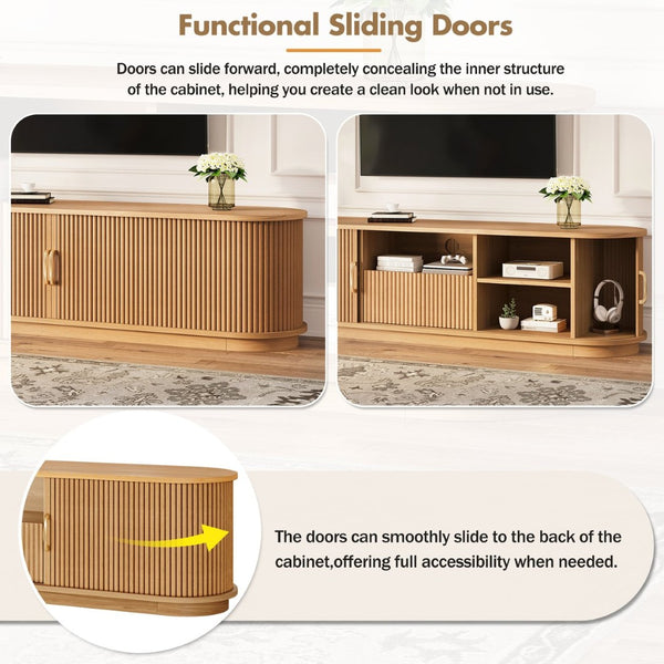 English Elm Vintage Farmhouse Media Console with Slatted Sliding Doors and Brass Hardware for Living Room Natural N721P427206D