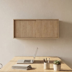 English Elm Note Floating Wall Cabinet with Sliding Doors Slim Mounted Storage for Any Room Natural Wood B070P462899