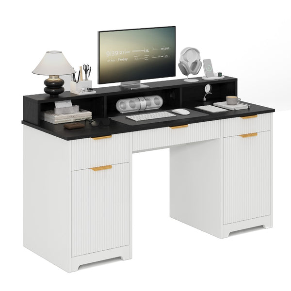 English Elm Executive Home Office Desk with Power Outlets Monitor Stand and File Storage T3773P417164