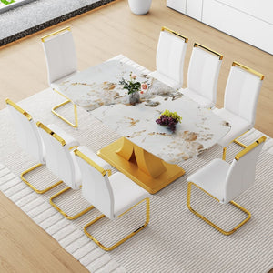 English Elm Table Set: Luxurious 71" Pandora Glass Dining Table With 8 White Pu Chairs & Gold C-Shaped Legs W1151S03232-GIGA