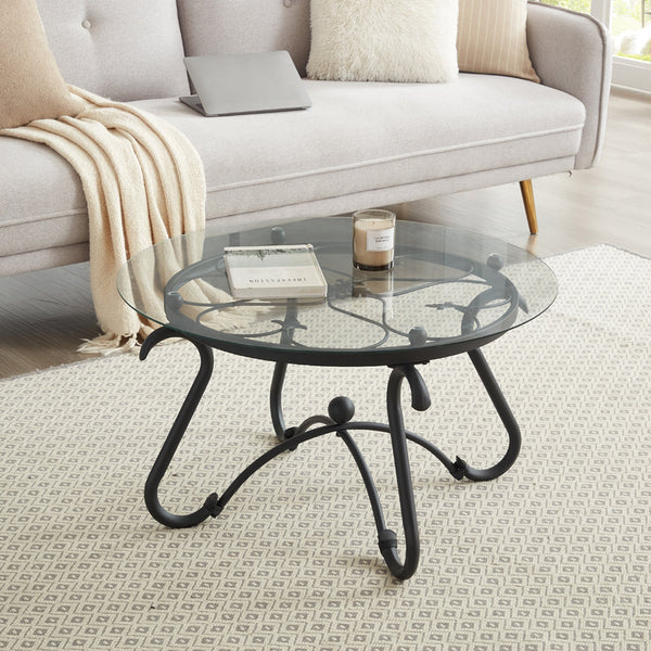 English Elm 2 Piece Tempered Glass Coffee Table Set in Rustic Black—Elegant Tempered Glass, Sturdy Metal Frame, Versatile Pair W2167P168793