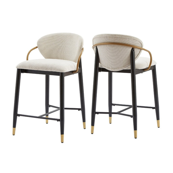 English Elm Counter Stools Set of 2 Matte Black Metal Frame Gold Tipped Legs Kitchen Island Seating Beige N771P405166M