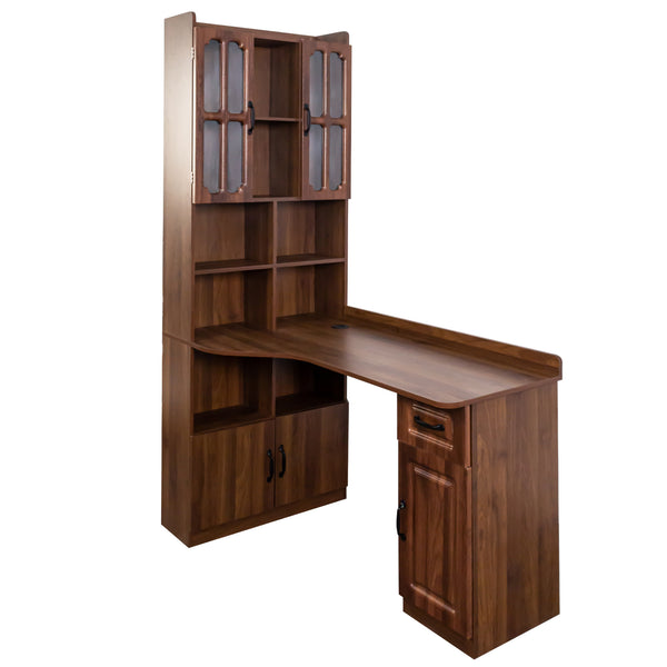 English Elm L-Shaped Corner Computer Desk with Hutch, Drawer & Shelves for Spacious Home Office Organization Walnut W331S00187