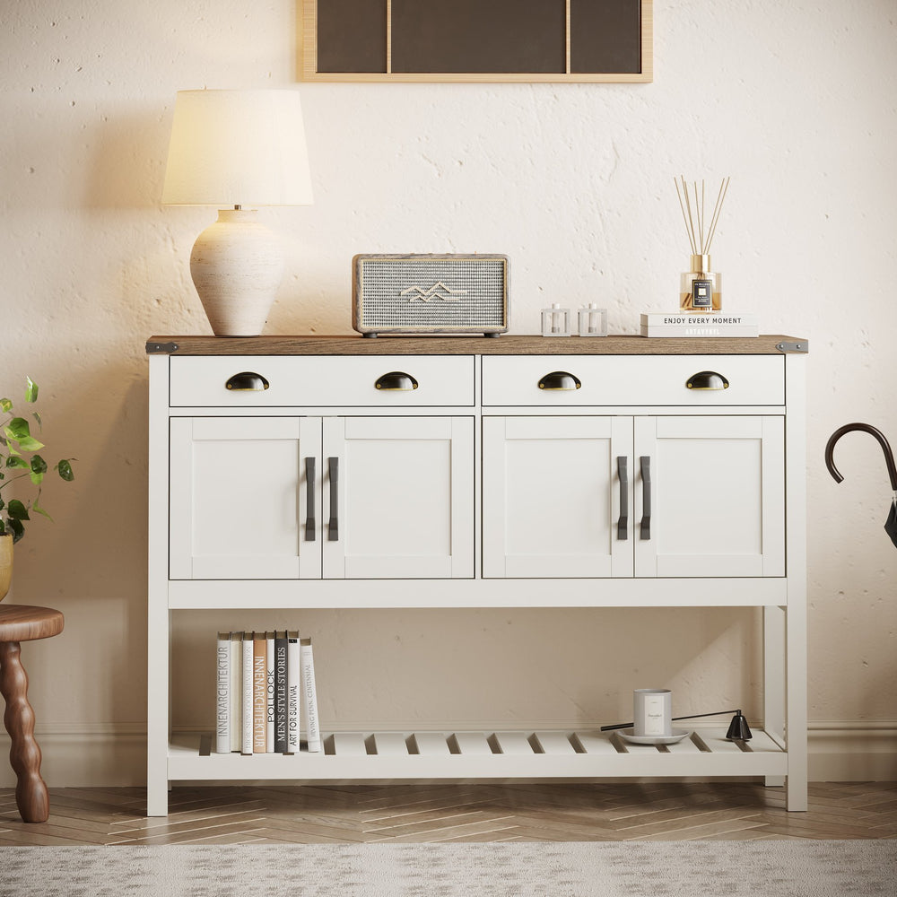 English Elm 47'' Modern Farmhouse Console Storage Table with Two Drawers Four-Door Cabinet and Slatted Shelf for Entryway Living Room Organization and Display Brown,Soft White T3771P372058