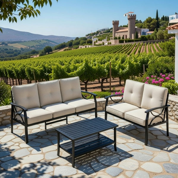 English Elm 3-piece Outdoor Steel Patio Conversation Set with Thick Cushions and Coffee Table Grey+Black B082S00134