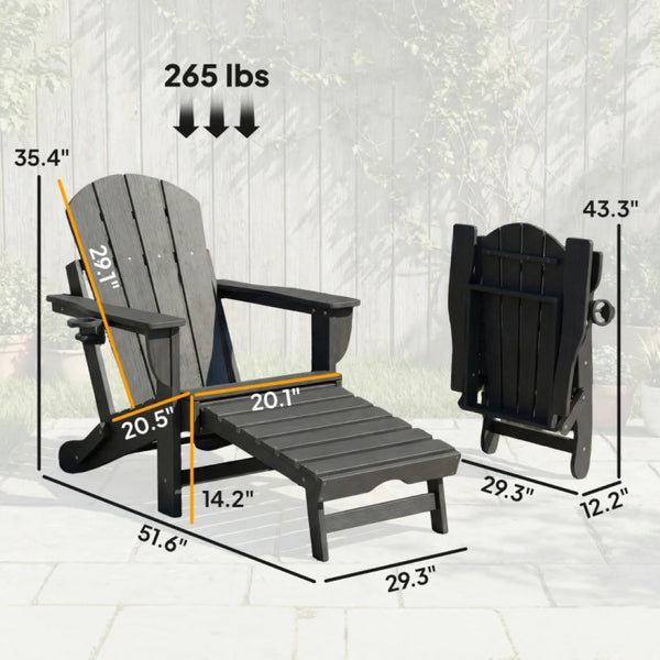 English Elm Folding Hdpe Adirondack Chair Set of 2 with Footrest for Patio Fire Pit Lounging Black T3971P476043