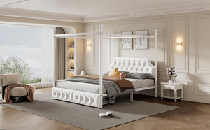 English Elm Queen Metal Canopy Platform Bed with Upholstered Velvet Headboard, Built-In Storage Drawers, White Elegance DL000656AAK