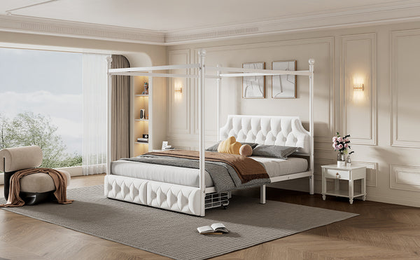 English Elm Queen Metal Canopy Platform Bed with Upholstered Velvet Headboard, Built-In Storage Drawers, White Elegance DL000656AAK