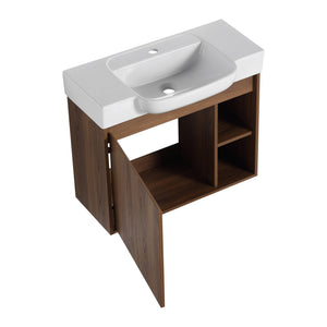 English Elm 28'' 28" Wall-Mounted Bathroom Vanity with White Ceramic Sink, Soft-Close Door, Open Shelves, KD-Pack W999P263409