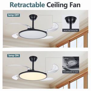 English Elm 42 Inch Retractable Ceiling Fan With Remote - Modern Black Low-Profile Fan & Dimmable Light Setup W2312P375021