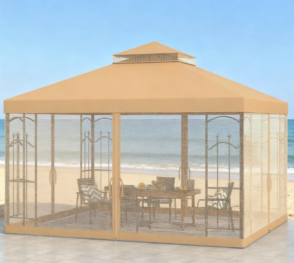 English Elm Outdoor Double Roof Gazebo with Mesh Netting Corner Shelves and Steel Frame T3971P426876