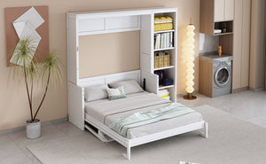 English Elm Full Murphy Bed with Storage Cabinets and Shelves, Space-Saving Wooden Wall Bed with 600lb Capacity White N7090004015K