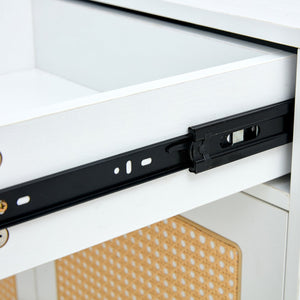 English Elm Modern white storage cabinet with vine rattan design, MDF shoe & bedside organizer, quick assembly, sleek decor W1151P151509