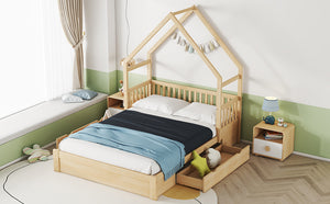 English Elm Wood Queen Size House Platform Bed with Guardrail and 2 Drawers — Charming Kids’ Playful Storage Bedframe Natural GX000726AAN