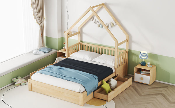 English Elm Wood Queen Size House Platform Bed with Guardrail and 2 Drawers — Charming Kids’ Playful Storage Bedframe Natural GX000726AAN