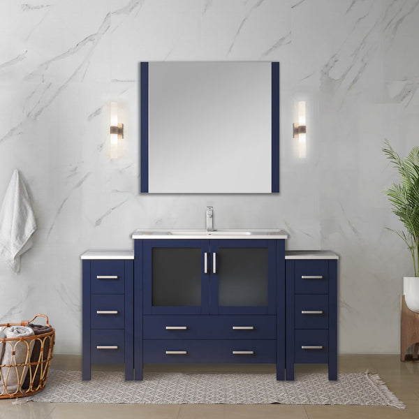 English Elm Navy Blue Single Bath Vanity With White Ceramic Top, Side Cabinets, And Complete Faucet Set, 60" W B2731S01208