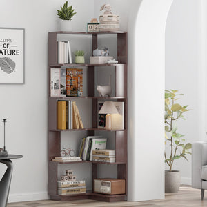 English Elm 6 Tier Freestanding L-Shaped Corner Bookshelf with Anti-Tip, Rounded Corners, 3D Wood Grain Finish Ox Blood Red W2899P372514
