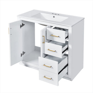 English Elm 36'' Bathroom Vanity with Ceramic Sink Combo Solid Wood Frame Soft-Closing Drawers Ample Storage Elegance White N710P243327K