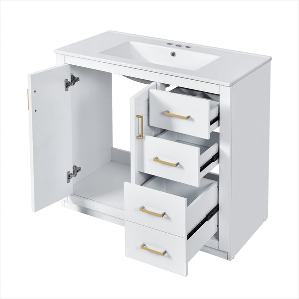 English Elm 36'' Bathroom Vanity with Ceramic Sink Combo Solid Wood Frame Soft-Closing Drawers Ample Storage Elegance White N710P243327K