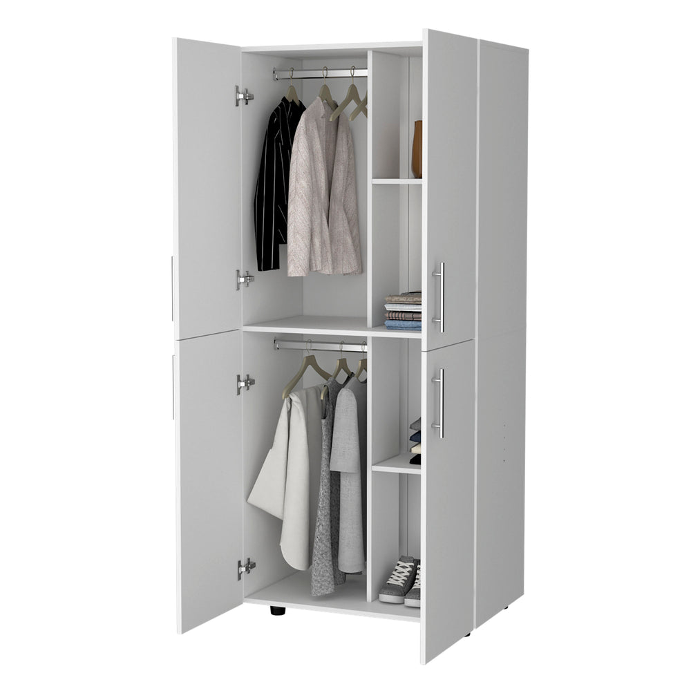 English Elm Hazel Slim White Melamine Armoire with 2 Doors, 4 Shelves & 2 Hanging Bars — Stylish Space-Saver B128S00008