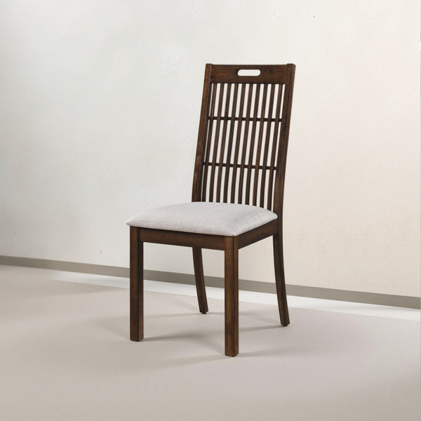 English Elm Set of 2 Rustic Dining Chairs with Upholstered Seats, Slatted Back Handle, Solid Rubberwood, Antique Oak Finish W2537P369835