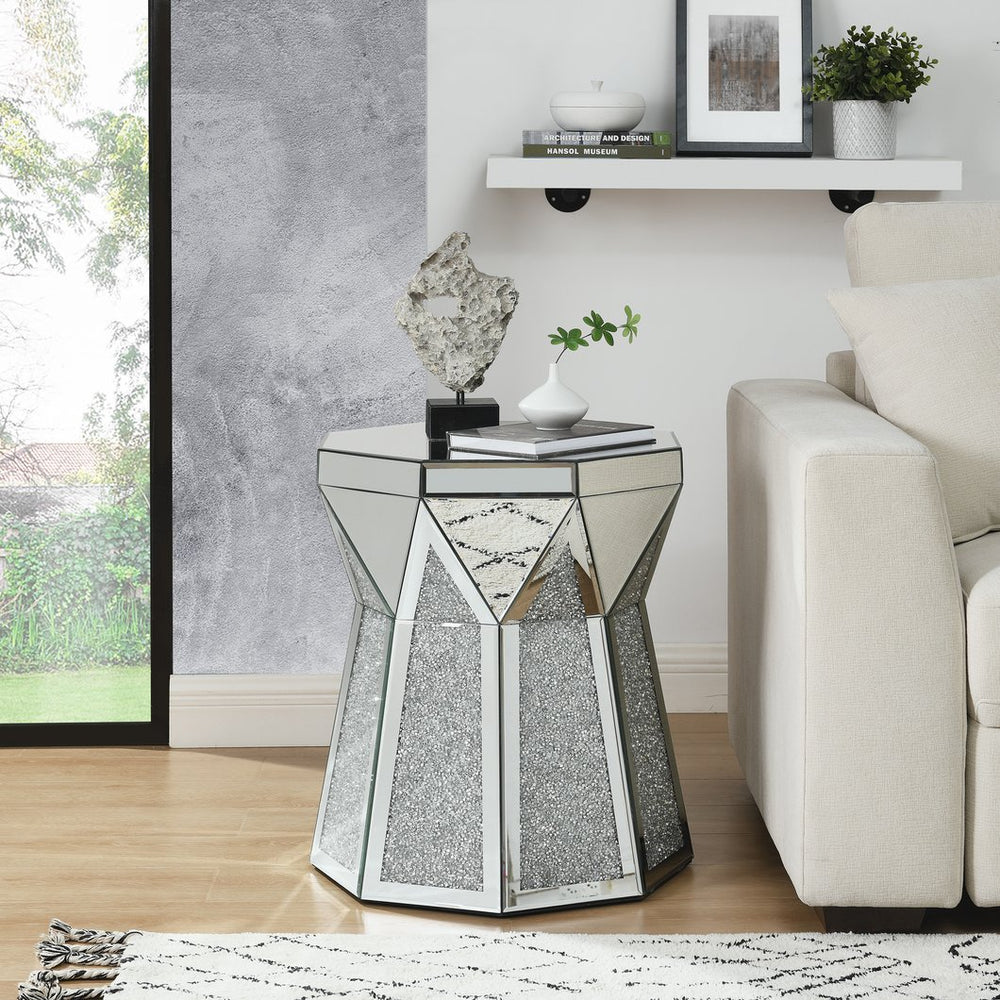 English Elm Drum Art Deco Mirror Table with Crushed Crystal Inlay, Silver Mirrored Drum Accent for Living Room W1005P190409