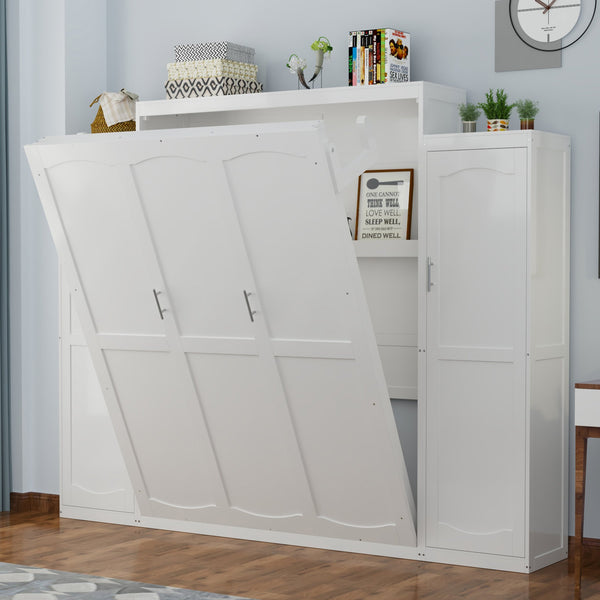 English Elm Full Full Size Murphy Bed with Two Wardrobes and Foldable Platform, Space-Saving Modern Guest Solution White 84.9 L x 12 W x 7 H N733S235596K