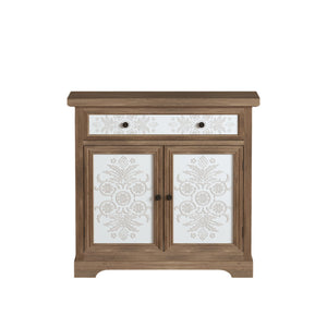 English Elm Rustic Boho Carved Accent Cabinet with Drawer & Removable Shelves, Distressed Sideboard Storage for Entryway W808P245579