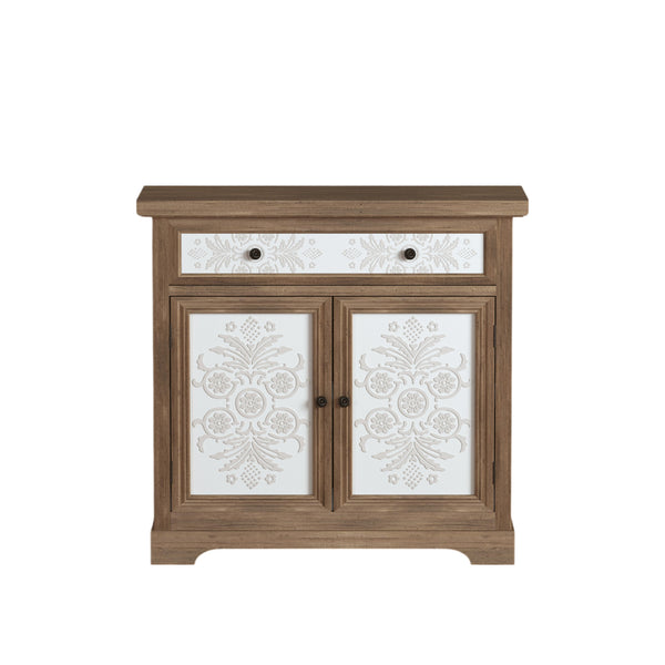 English Elm Rustic Boho Carved Accent Cabinet with Drawer & Removable Shelves, Distressed Sideboard Storage for Entryway W808P245579